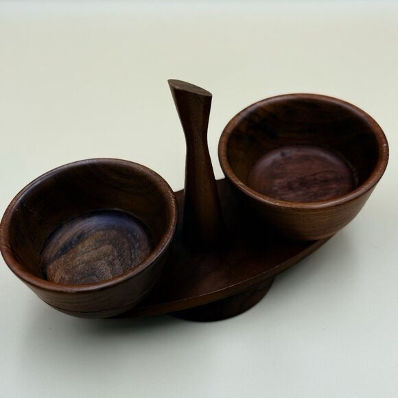 Vintage Kustom Kraft Solid Walnut Dip Set - MCM Snack Server USA - Picture 11 of 13
